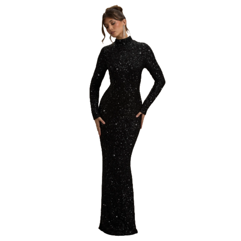 A woman wears a black sequin maxi dress