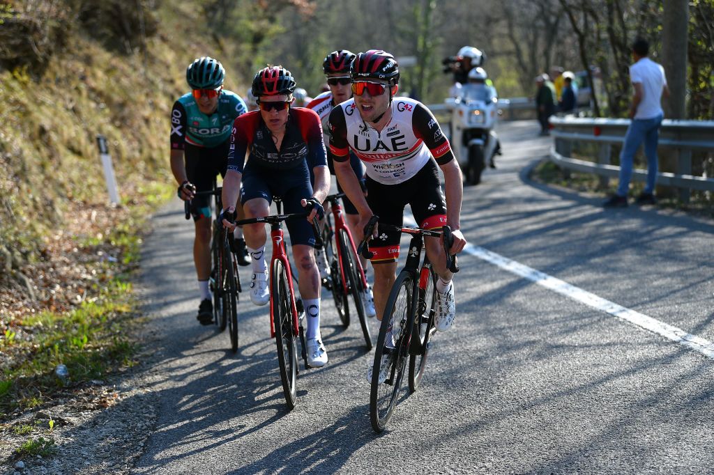 SAN MARINO ITALY MARCH 24 Ben Tulett of United Kingdom and Team INEOS Grenadiers and Marc Hirschi of Switzerland and UAE Team Emirates compete in the breakaway during the 36th Settimana Internazionale Coppi e Bartali 2022 Stage 3 a 1471km stage from San Marino to San Marino 648m CoppieBartali on March 24 2022 in San Marino Italy Photo by Dario BelingheriGetty Images