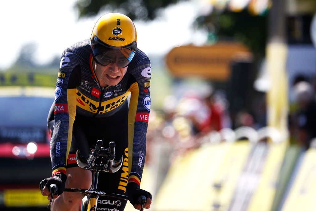 SAINTEMILION FRANCE JULY 17 Wout Van Aert of Belgium and Team JumboVisma at arrival during the 108th Tour de France 2021 Stage 20 a 308km Individual Time Trial Stage from Libourne to SaintEmilion 75m ITT LeTour TDF2021 on July 17 2021 in SaintEmilion France Photo by Chris GraythenGetty Images