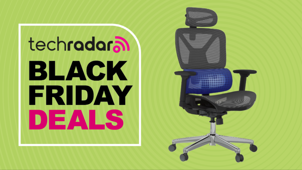 FlexiSpot ErgoX on a light green background next to a TechRadar badge reading 'Black Friday deals'