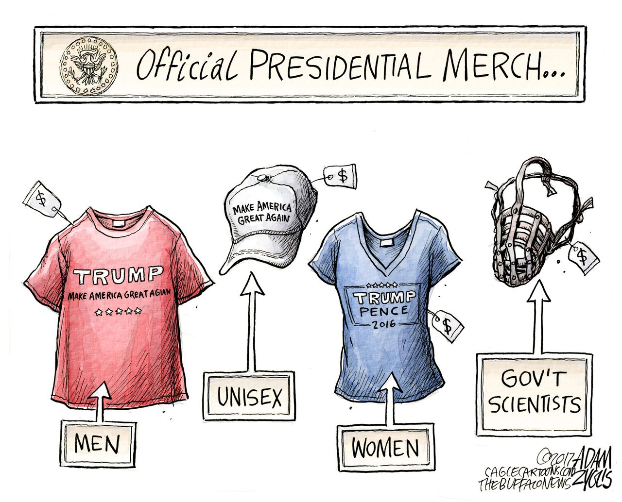 Political Cartoon U.S. Donald Trump merchandise scientists