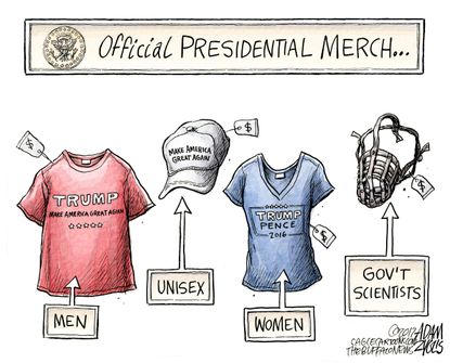 Political Cartoon U.S. Donald Trump merchandise scientists
