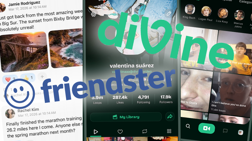 DiVine logo and Friendster logo over social media app UI images