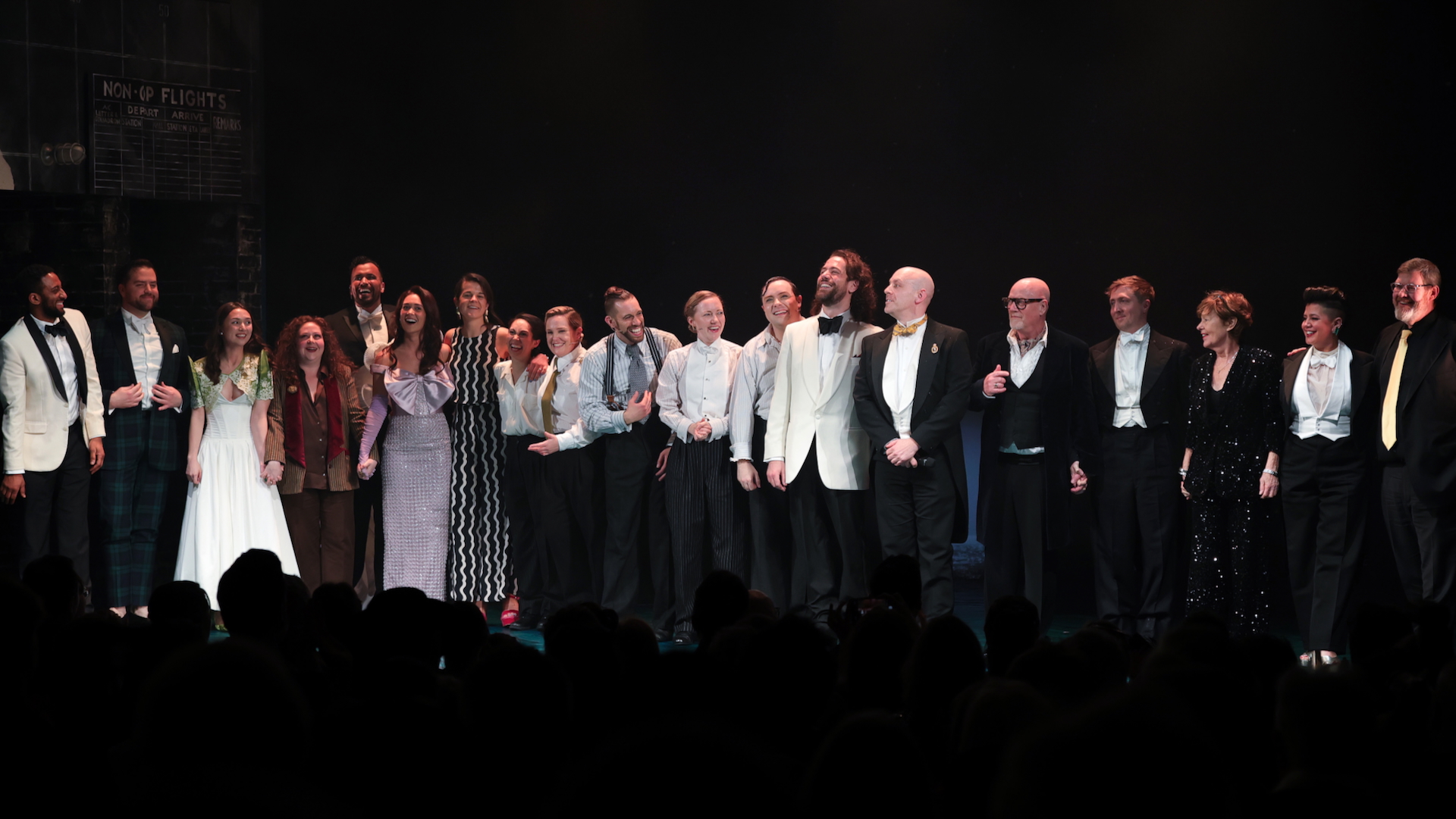 Sam Hartley, Jessi Kirtley, Amanda Jill Robinson, Brandon Contreras, Gerianne Perez, Claire-Marie Hall, Zoë Roberts, David Cumming, Natasha Hodgson, Jak Malone, Felix Hagan, Robert Hastie, Steve Sidwell, Ben Stones, and Jenny Arnold onstage during "Operation Mincemeat" Broadway opening night at Golden Theatre on March 20, 2025 in New York City