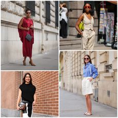 Four images of women wearing summer work outfits, including linen suits, button-down shirts, and pleated dresses