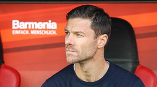 Liverpool legend Xabi Alonso looks on from the bench during the Bundesliga match between Bayer Leverkusen and Schalke 04 on 8 October, 2022 at the BayArena, Leverkusen, Germany