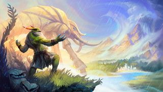 A frog person poses near a cliff.