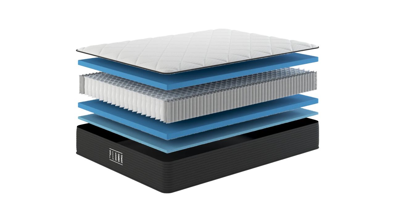 An exploded chart showing the internal layers of the Plank Firm Luxe mattress, including springs and foams