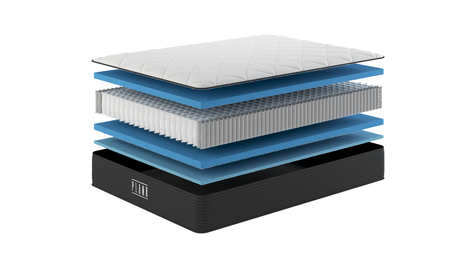 An exploded chart showing the internal layers of the Plank Firm Luxe mattress, including springs and foams