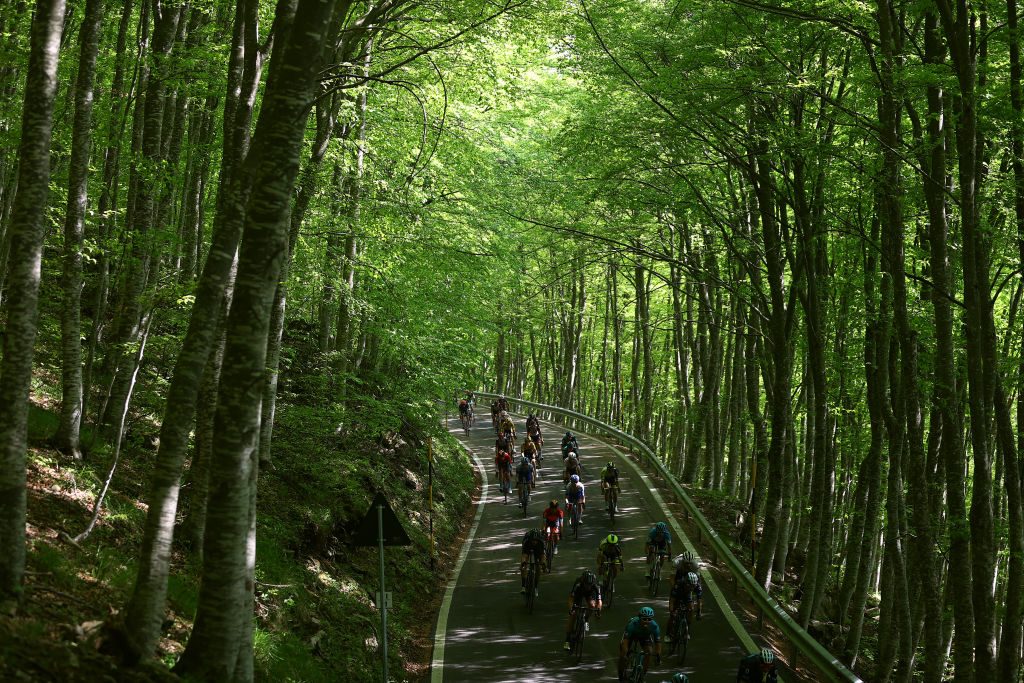 Una etapa del Giro de Italia pasa entre los hayas de las faldas del Blockhaus en el Parque Nacional Majella