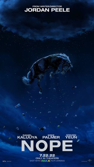 Promotional poster for "Nope" depicting a horse and various pieces of garbage rising into the night sky as a circular cloud waits overhead..