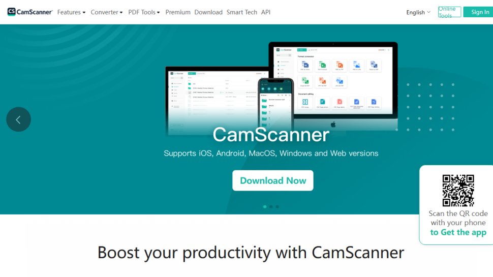 Website screenshot of CamScanner (February, 2026)