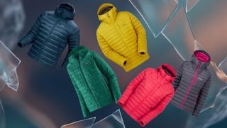 Selection of down jackets, floating against a frosty background