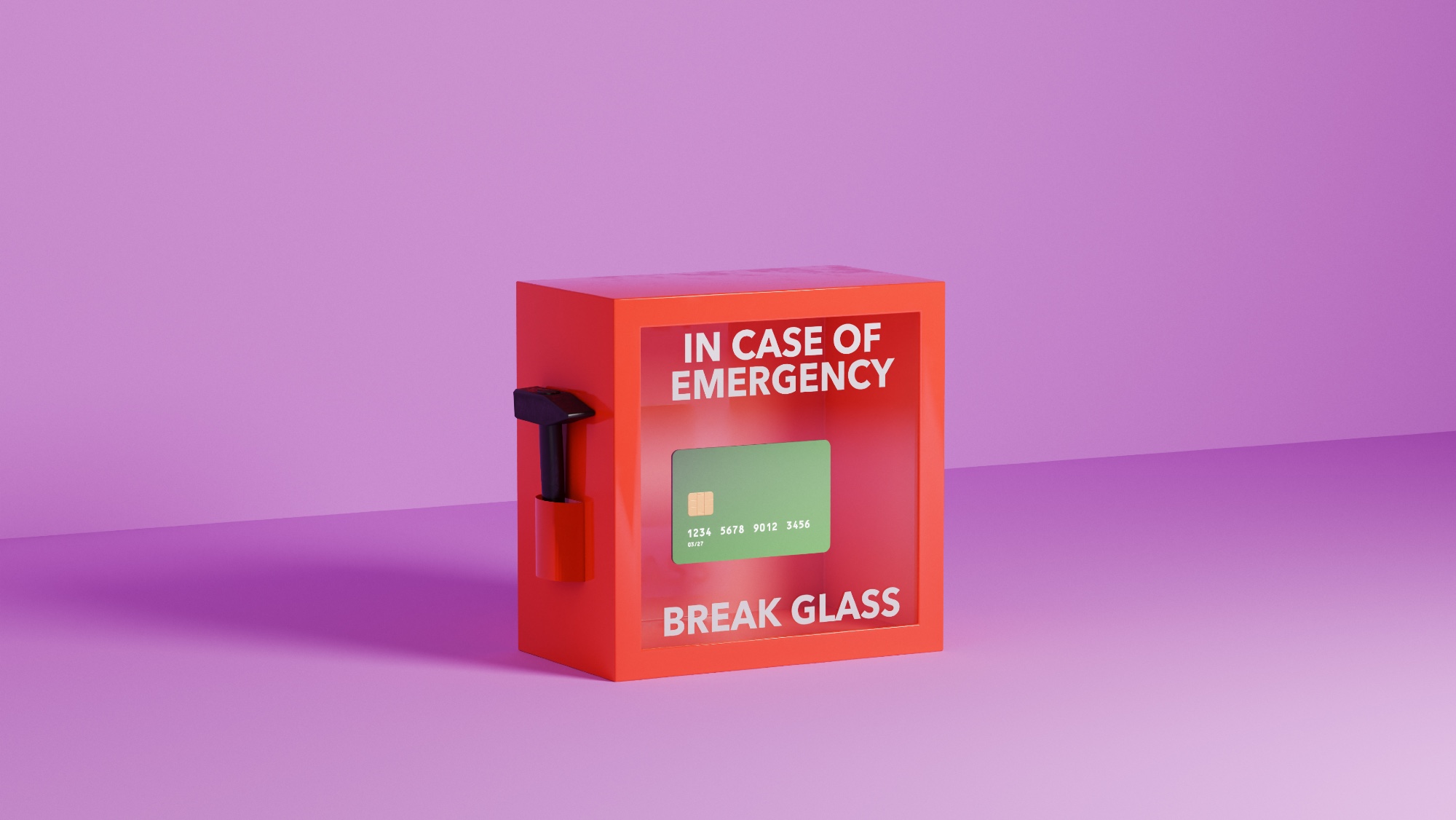 Conceptual image of a green credit card inside of a red box with glass cover and a hammer with text saying "In Case Of Emergency Break Glass"