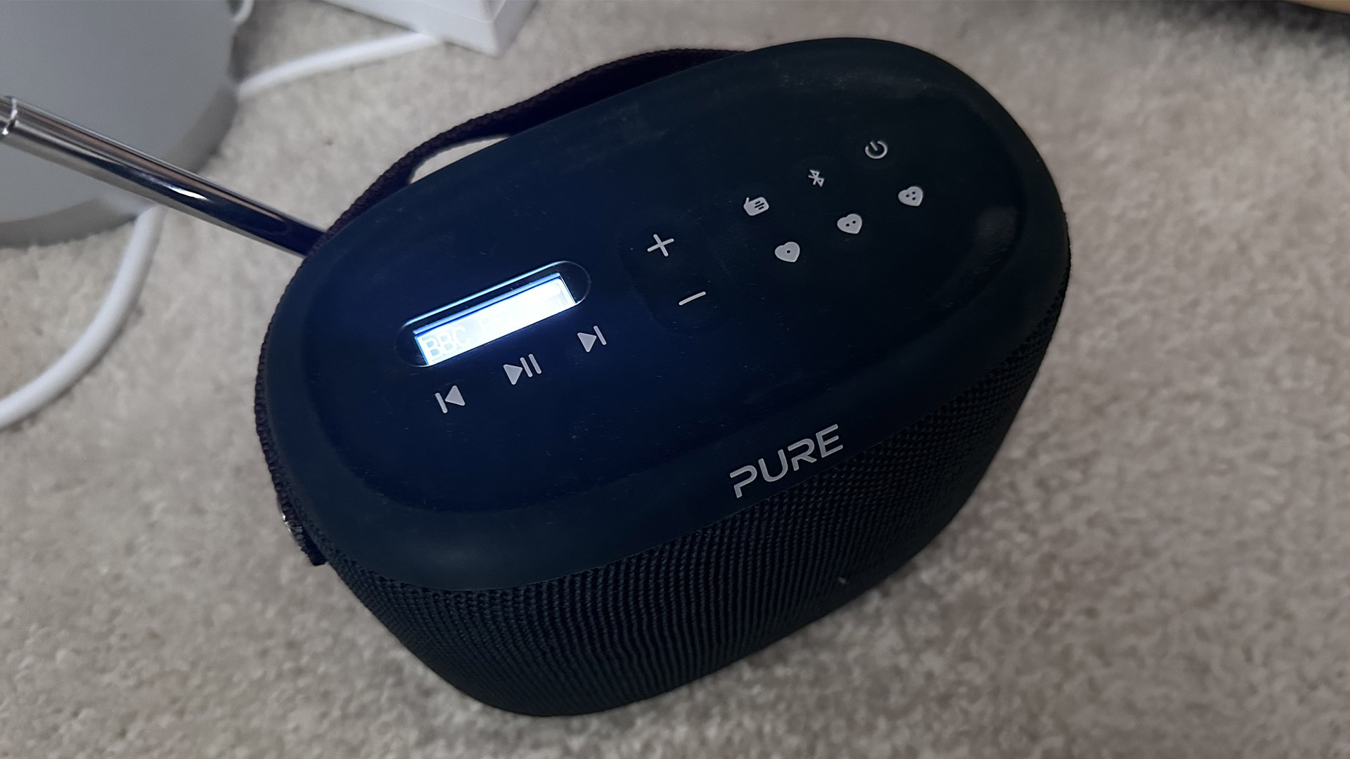 The Pure Woodland Bluetooth speaker with DAB radio on the floor