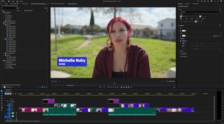 Premiere Pro interface showing woman standing in front of a lawn