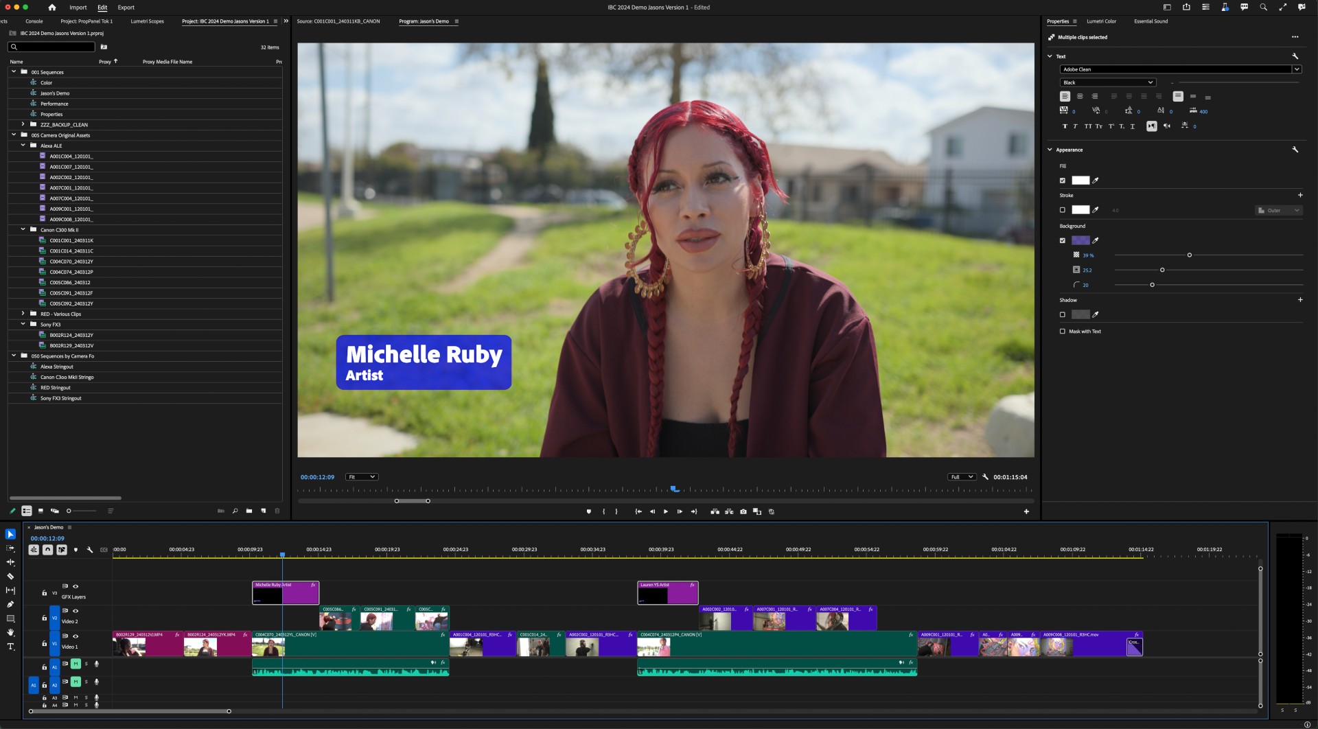 Premiere Pro interface showing a woman standing in front of a lawn