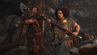 Prince Durin and Princess Disa wield their ax and hammer in The Rings of Power season 2