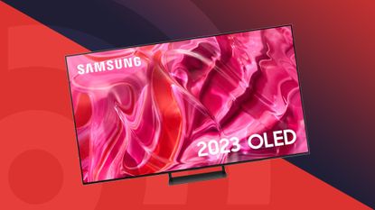 The Samsung S90C TV on a red background