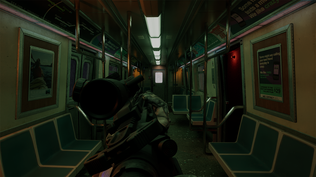 Moving through some kind of haunted train in Veil.