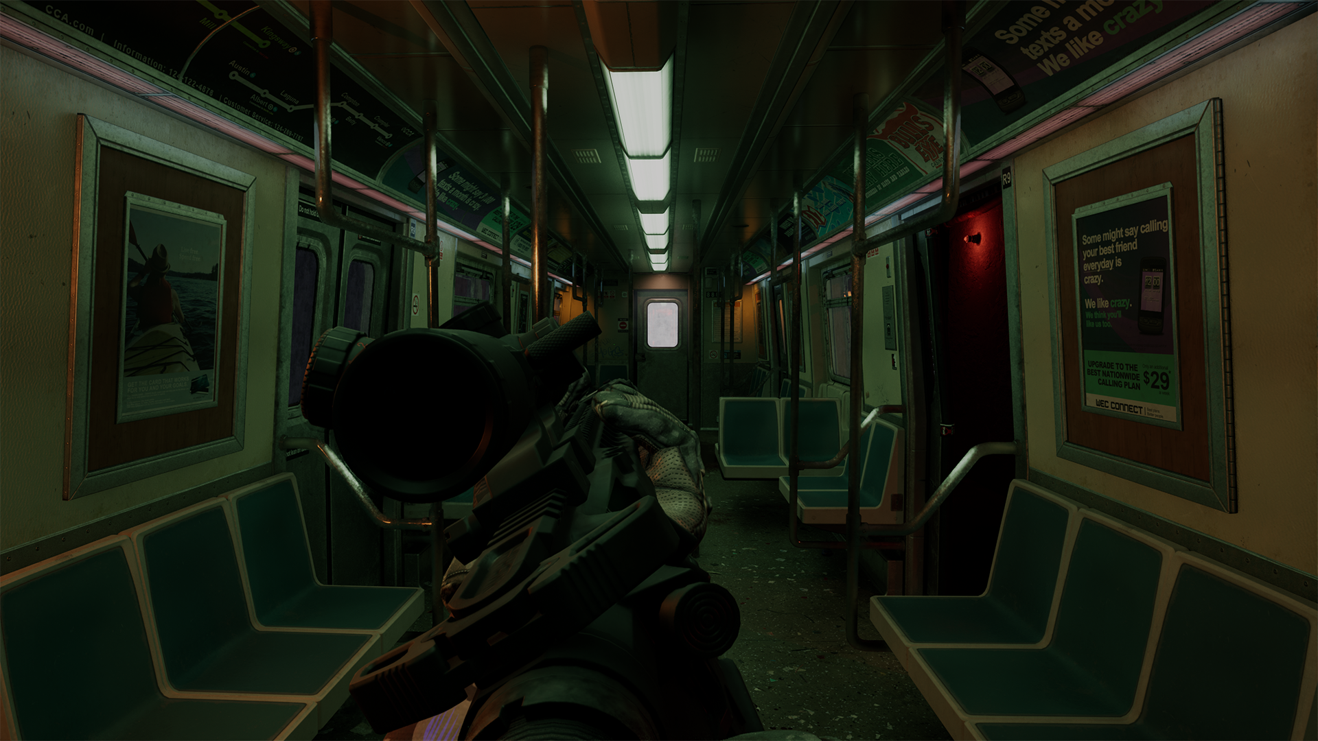 Moving through some kind of haunted train in Veil.
