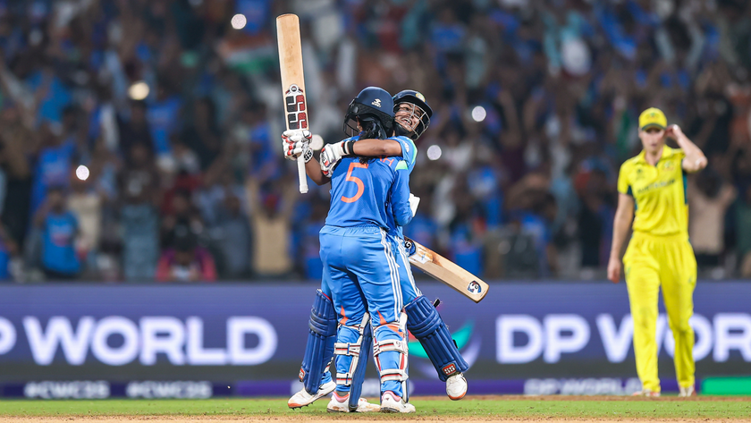 NAVI MUMBAI, INDIA - OCTOBER 30: Amanjot Kaur of India celebrates with Jemimah Rodrigues of India after winning the game during the ICC Women&#039;s Cricket World Cup India 2025 Semi-Final match between India and Australia at DY Patil Stadium on October 30, 2025 in Navi Mumbai, India. 