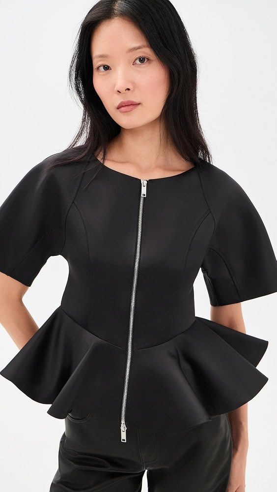 Duchesse Satin Peplum Zip Blouse - Black