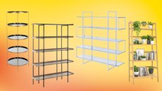 a collection of bookshelves on a yellow background