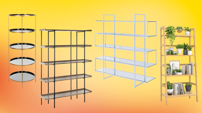 a collection of bookshelves on a yellow background