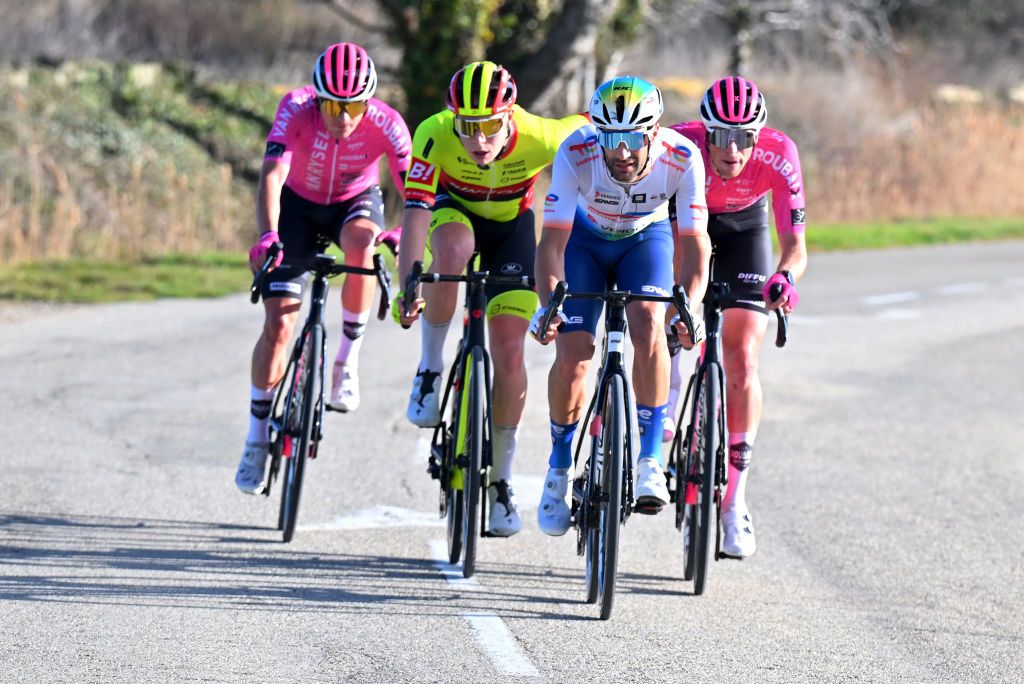 The breakaway included Luca De Meester (Bingoal WB) and Fabien Grellier (TotalEnergies)
