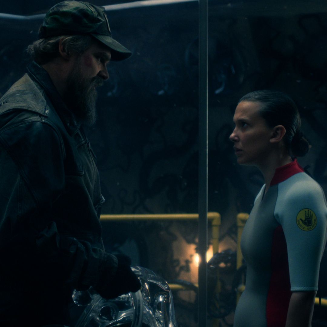 david harbour as hopper and millie bobby brown as eleven talking before she goes in the deprivation tank in the stranger things season 5 finale