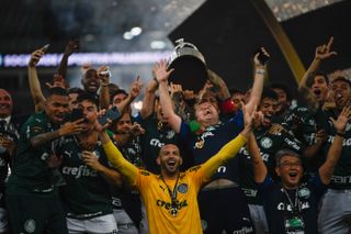 Palmeiras players celebrates after winning the 2020 Copa Libertadores in January 2021.