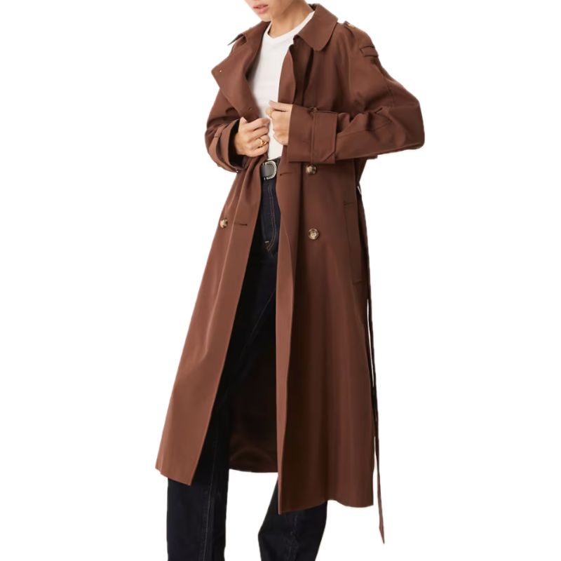 Model wearing asos brown trench coat 