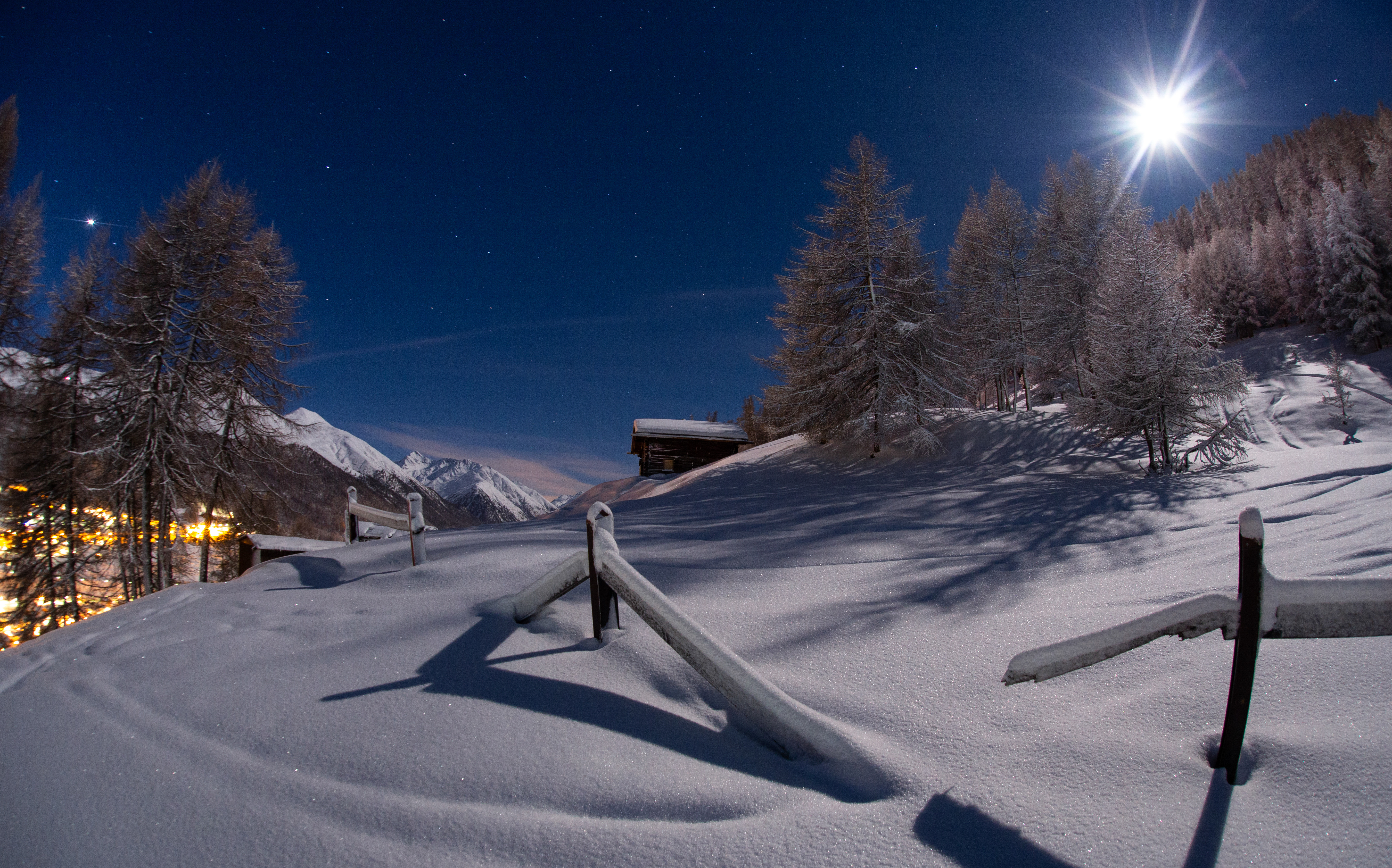 Snowy woods under the full moon in winter, Livigno, Sondrio province, Valtellina, Lombardy, Italy