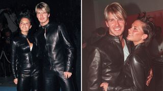 David and Victoria Beckham in matching leather outfits