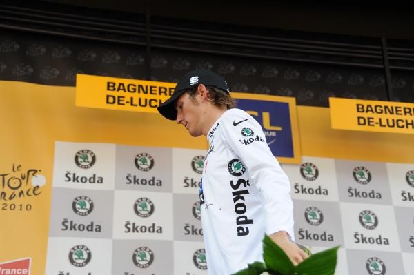 A disconsolate Andy Schleck (Saxo Bank) on the podium in Bagneres-de-Luchon