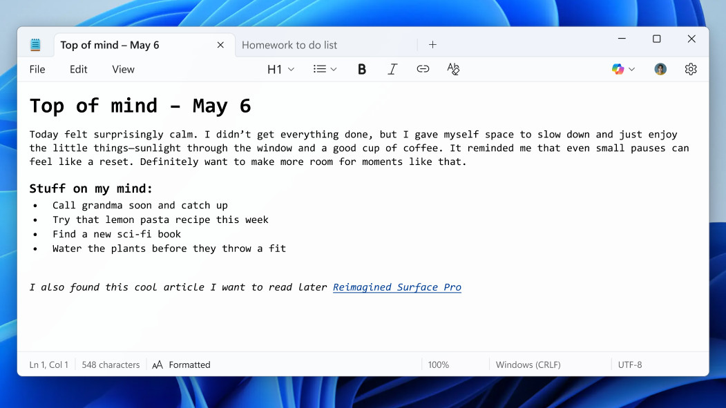 Notepad showing new formatting options
