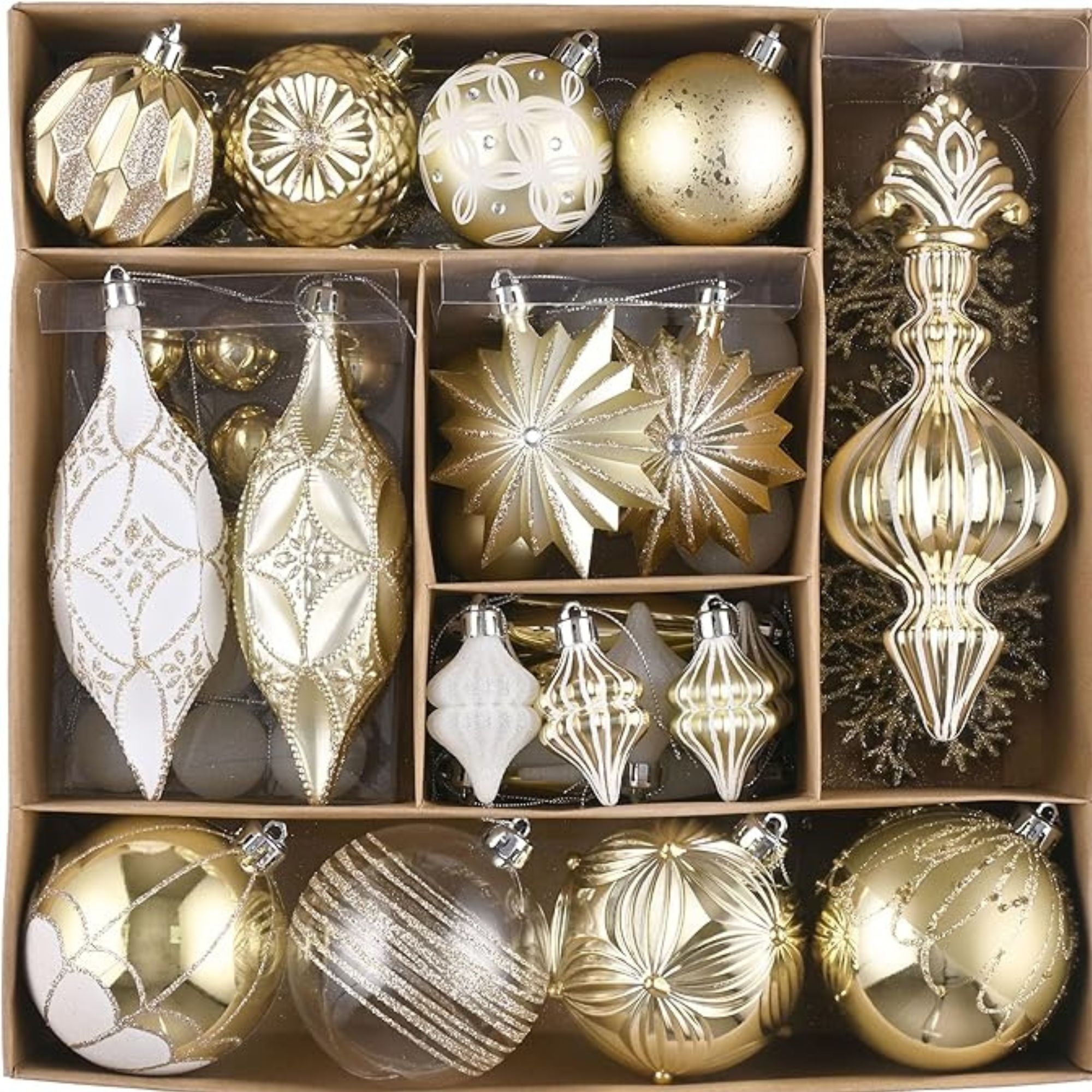 Valery Madelyn Christmas Tree Ornaments Set, 80ct White and Gold Shatterproof Christmas Tree Decorations