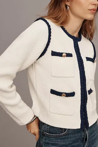 Maeve Collarless Tipped Knit Jacket