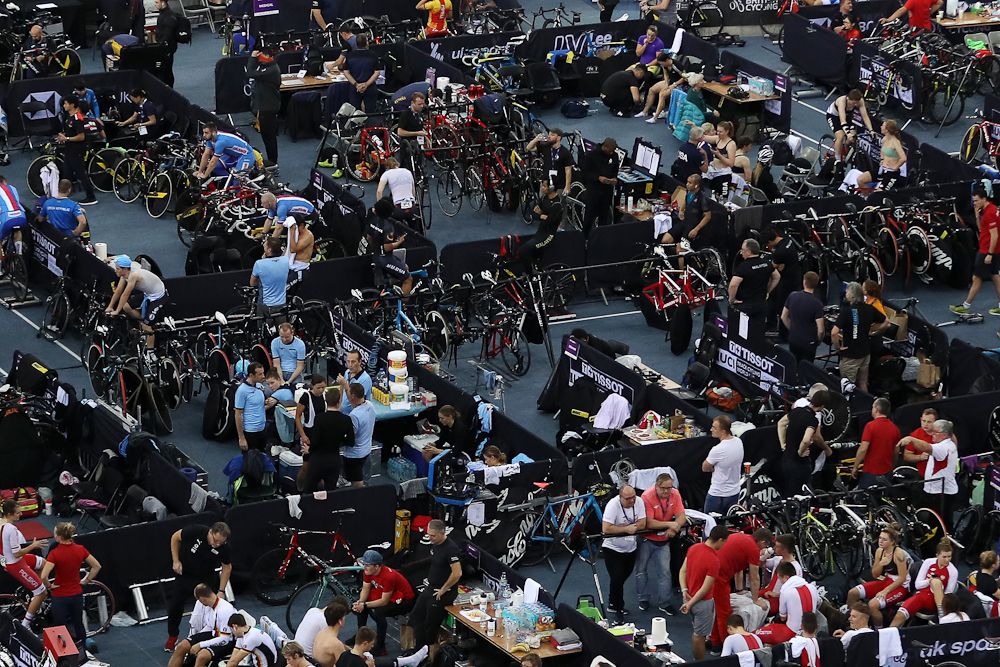 General view of the athletes area during day One of the 2018 TISSOT UCI Track Cycling World Cup at Lee Valley Velopark Velodrome