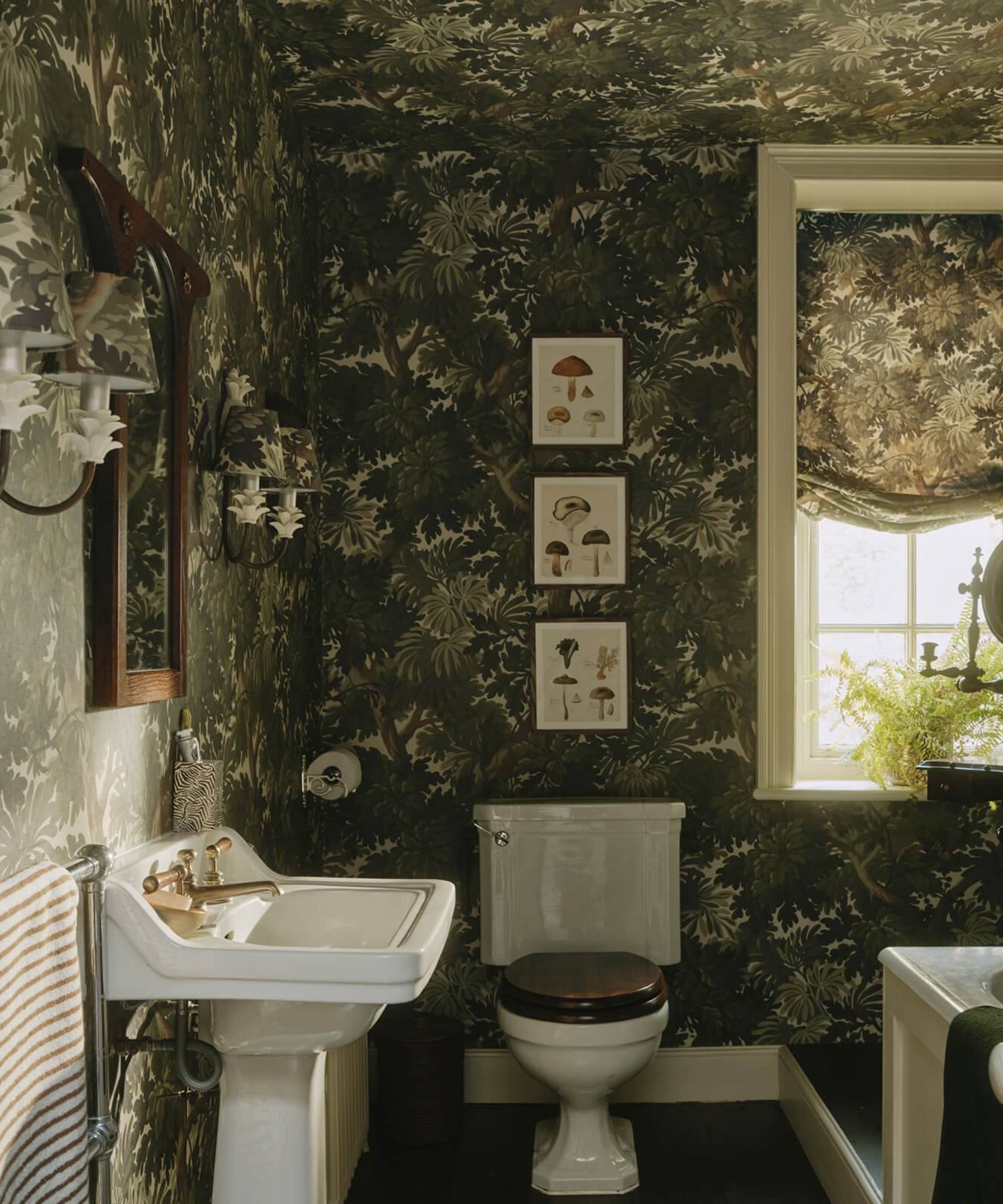 A small bathroom with dark botanical wallpaper on the walls and ceiling, and a window blind in the same print