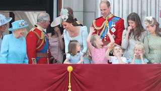 Queen Elizabeth smiling at some of her great-grandchildren during Trooping the Colour