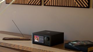 The NAD C 700 V2 BluOS Streaming Amplifier on a shelf with Bjork album art displayed on screen.