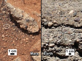 In 2013, NASA's Mars Curiosity rover found evidence of an ancient streambed. At left are the rocks it observed, compared with analogs on Earth.
