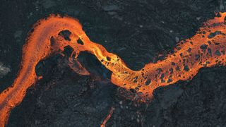 An overhead image of a river of lava