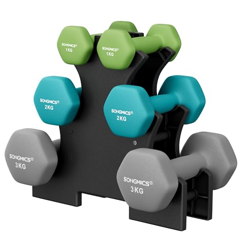 Songmics Set of 6 Dumbbells With Storage Stand, Hand Weights With Neoprene Coating, Hexagonal Dumbbells, 1 Kg, 2 Kg, 3 Kg, Home Workout, Fitness, Bright Green, Turquoise, and Light Grey Syl612gn