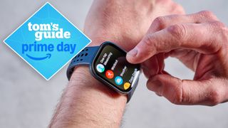 Amazfit Bip 6 smart watch on a man's wrist with a prime day tag