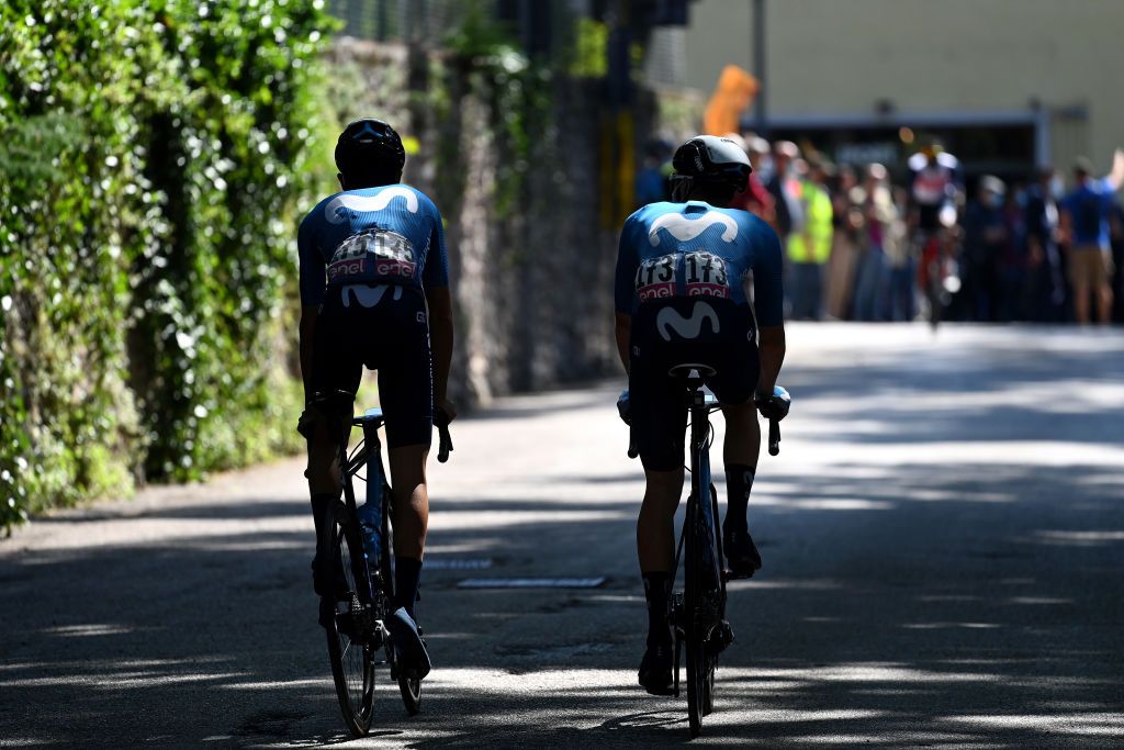 STRADELLA ITALY MAY 27 Antonio Pedrero Lopez of Spain Matteo Jorgenson of United States and Movistar Team at start in Rovereto City during the 104th Giro dItalia 2021 Stage 18 a 231km stage from Rovereto to Stradella UCIworldtour girodiitalia Giro on May 27 2021 in Stradella Italy Photo by Stuart FranklinGetty Images