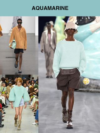 A collage highlighting the "Aquamarine" trend at the men's spring summer 2025 shows, with images from Dior, JW Anderson, and Fendi.