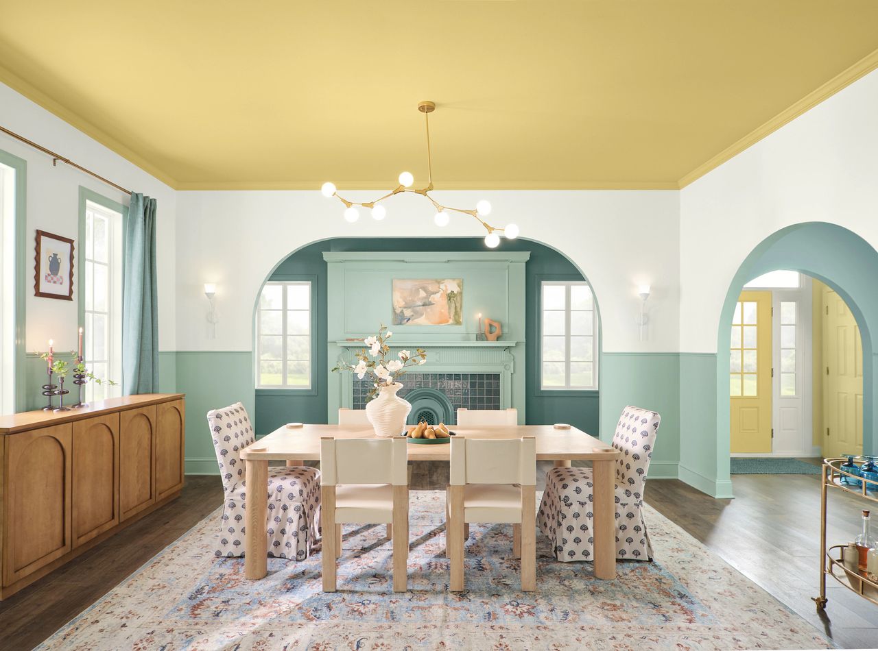 blue, white, and yellow color-blocked dining room